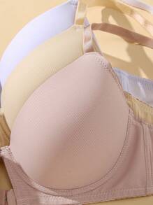 4pcs Set Women's Minimalist Solid Color Gather Front Closure Adjustable Shaping With Wire Bras - Multicolor - View 7