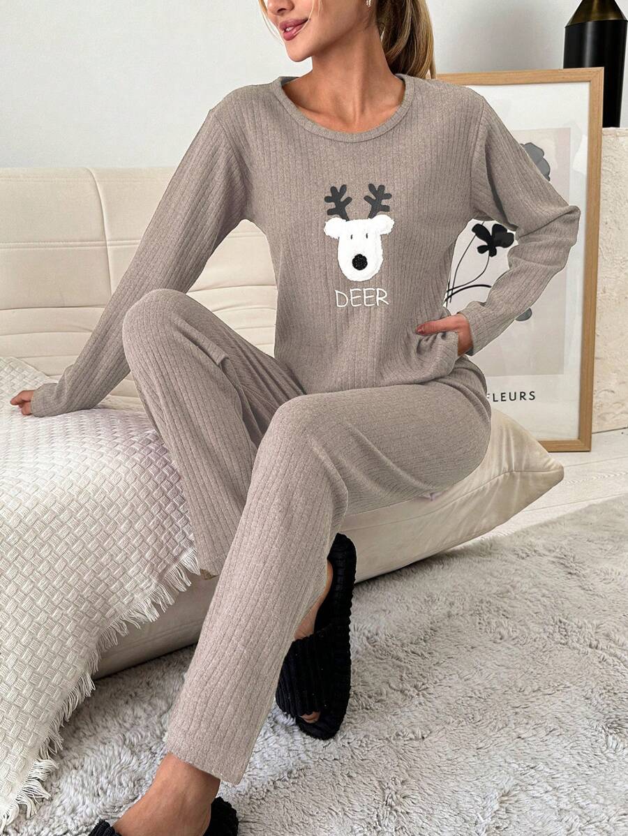 EURMUSE 100%Cotton Embroidery Cartoon & Letter Pattern Lounge Set - Beige - View 1