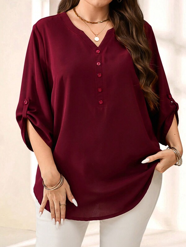 EMERY ROSE Plus Size Women's Purple Burgundy 3/4 Sleeve Blouse, EEarly Spring And Summer Outfits For Women