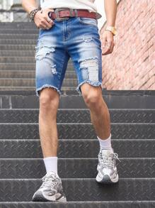 Manfinity Homme Men's Casual Ripped Distressed Hem Denim Shorts
