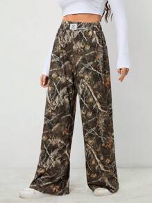 SHEIN Tall Women's Basic Knitted Camouflage Stretch Comfort Army Green Wide Leg Sweatpants