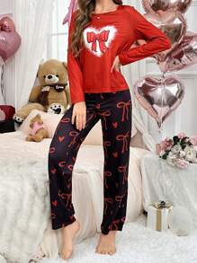 Conjunto de ropa de dormir para mujer con decoración de moños, dulce y lindo para el Día de San Valentín