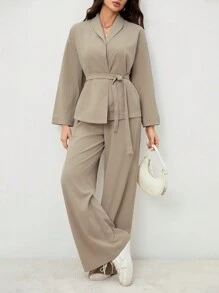 SHEIN Tall 优雅休闲度假/通勤女士领口系带宽松紧身衣搭配高腰软裤，适合秋季和夏季 - 卡其色 - 查看 7