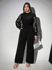 SHEIN Unity Plus Size Women Elegant Commuting Solid Color Lace Patchwork Jumpsuit - Black - View 1