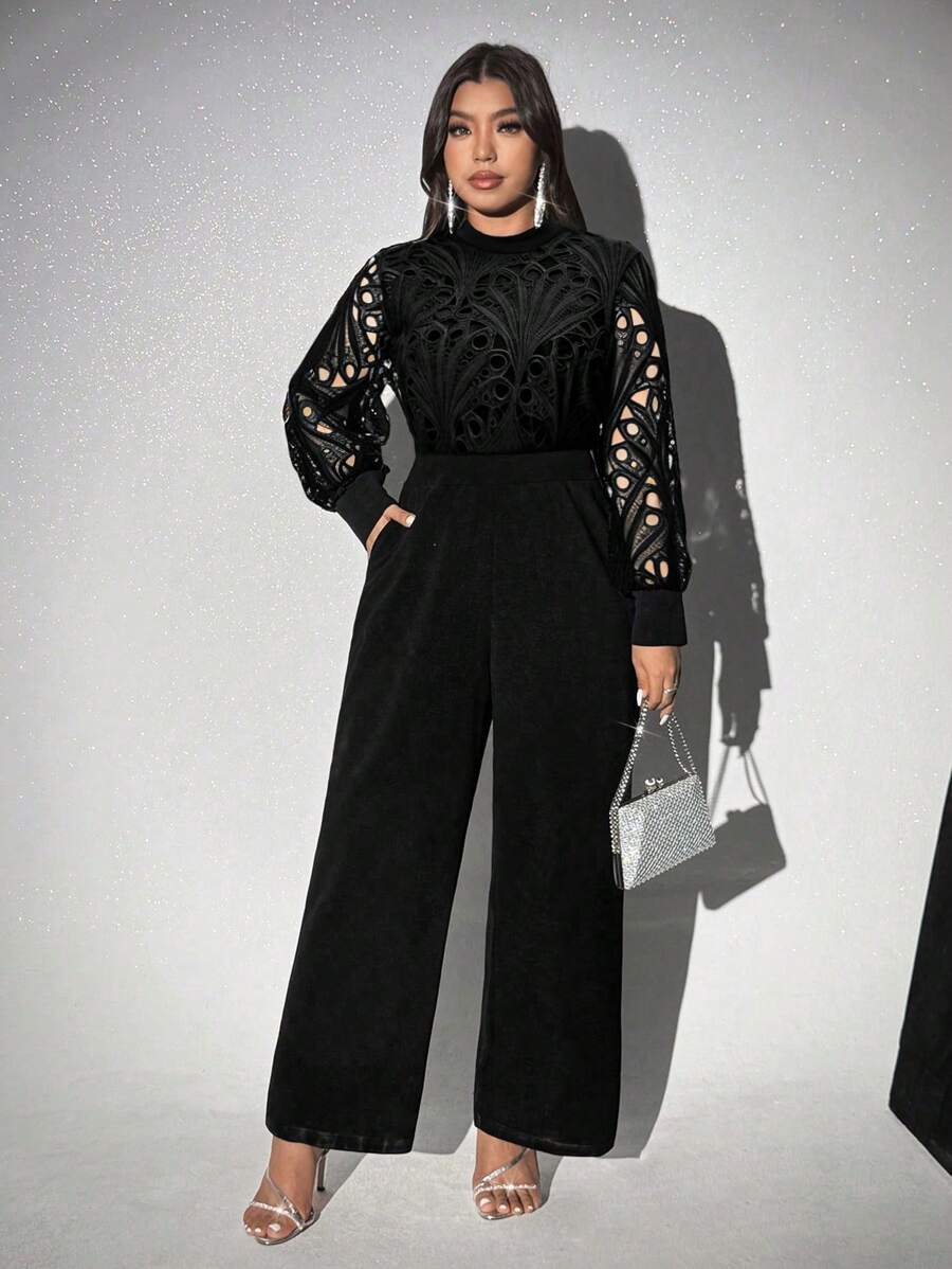 SHEIN Unity Plus Size Women Elegant Commuting Solid Color Lace Patchwork Jumpsuit - Black - View 1