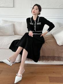 DAZY Women's Colorblock Button Half Placket Long Sleeve Elegant Commute Sweater Dress,Fall Women Clothes - Black and White - View 1