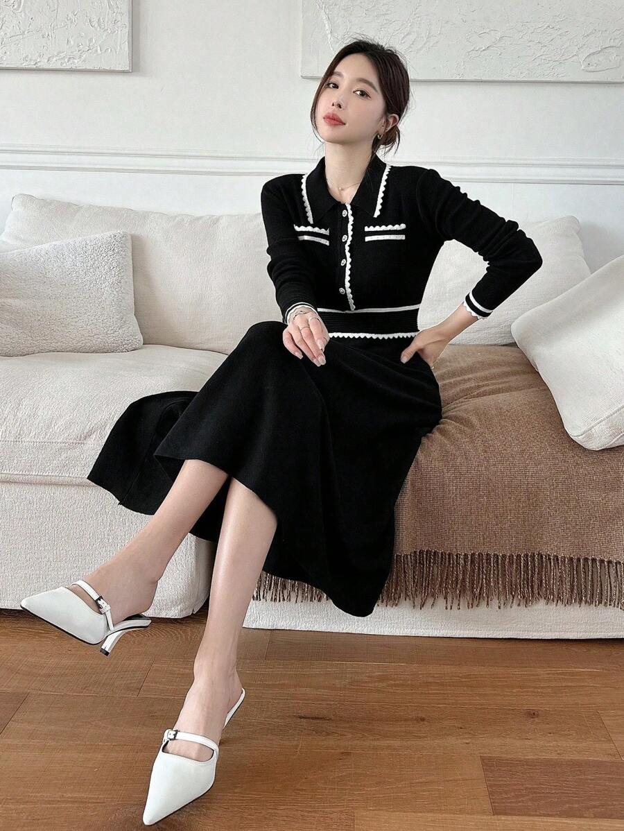 DAZY 女士拼色纽扣半襟长袖优雅通勤毛衣裙,秋季女装 - 黑與白 - 查看 1