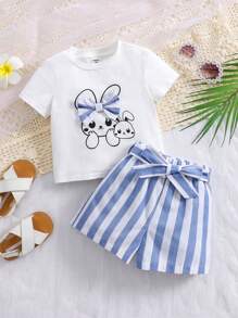 SHEIN 夏季女宝宝可爱卡通图案上衣和条纹短裤套装 - 白色 - 查看 1