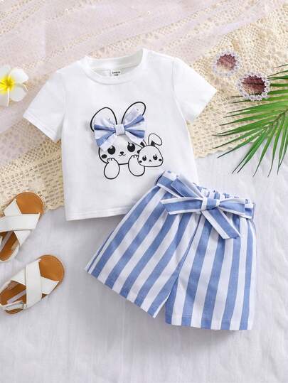 SHEIN 夏季女宝宝可爱卡通图案上衣和条纹短裤套装