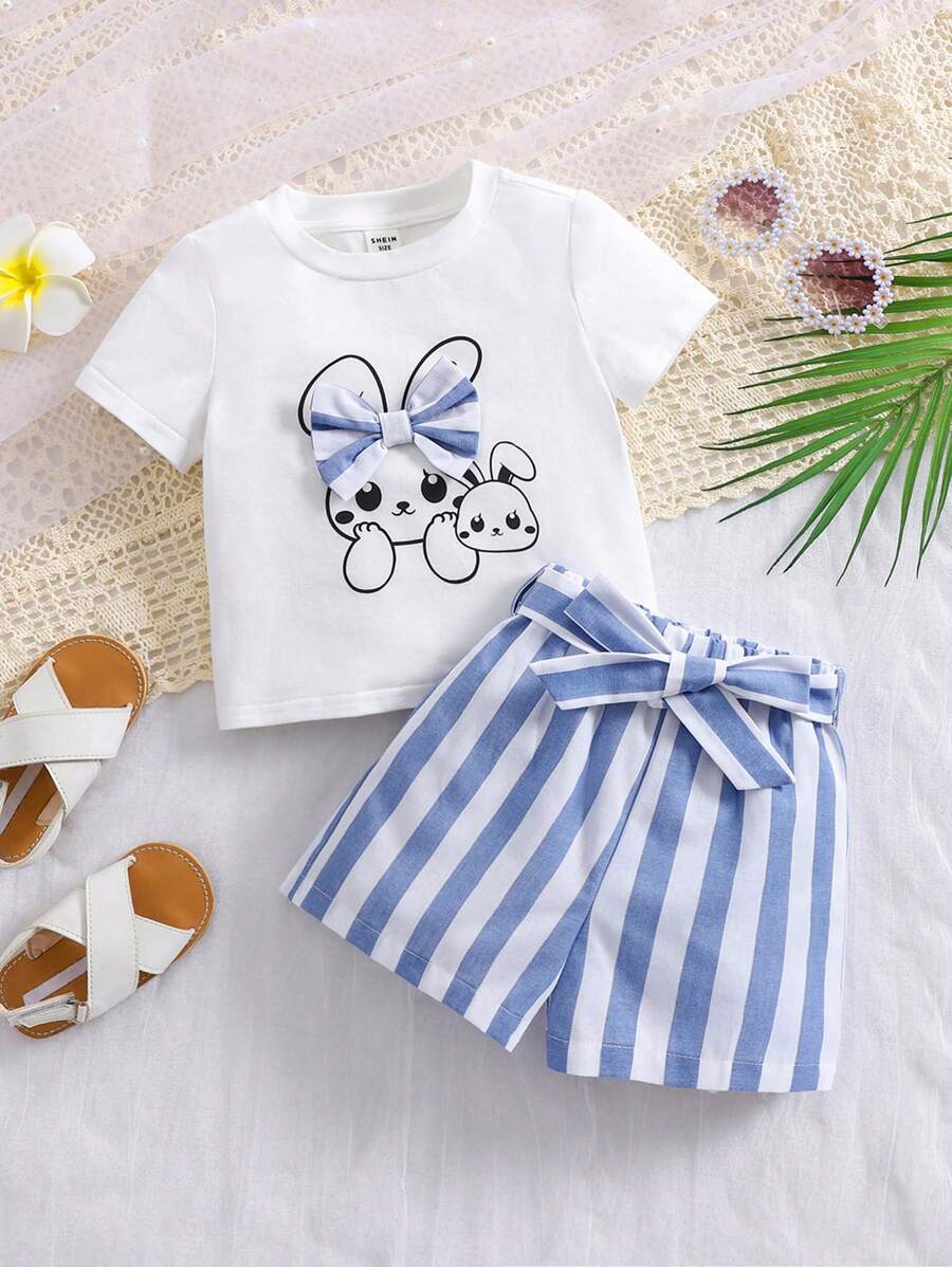 SHEIN 夏季女宝宝可爱卡通图案上衣和条纹短裤套装 - 白色 - 查看 1