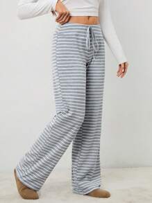 SHEIN Tall Women's Low Waist Striped Brushed Drawstring Yoga Loose Pants For Home - Grey - View 4