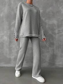 SHEIN Cottnline 2 件套女士纯色圆领长袖毛衣和针织裤，秋冬季休闲装 - 淺灰色 - 查看 4