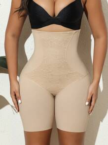 女士高腰蕾丝拼布修身三角裤 - 杏色 - 查看 1