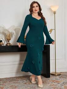 Modelyn Unique Design Elegant Mermaid Floral Dress, Plus Size Fall Cloth For Women - Dark Green - View 6