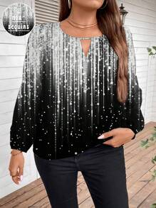 SHEIN Clasi Blusa holgada casual con cuello de ojal, mangas farol y patrón brillante, adecuada para otoño/invierno, talla grande