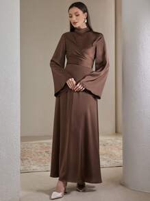 Veilorie 女士纯色立领长袖百褶优雅朴素连衣裙 - 咖啡 - 查看 6