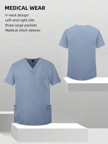 Manfinity Homme Men's Solid Color V-Neck Short Sleeve Pocket Medical Uniform - Baby Blue - View 3