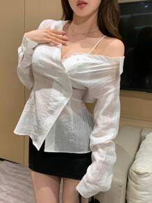 DAZY Women Asymmetric Design Solid Color Casual Chic Shirt, For Daily Wear,Fall Women Clothes Long Sleeve Top