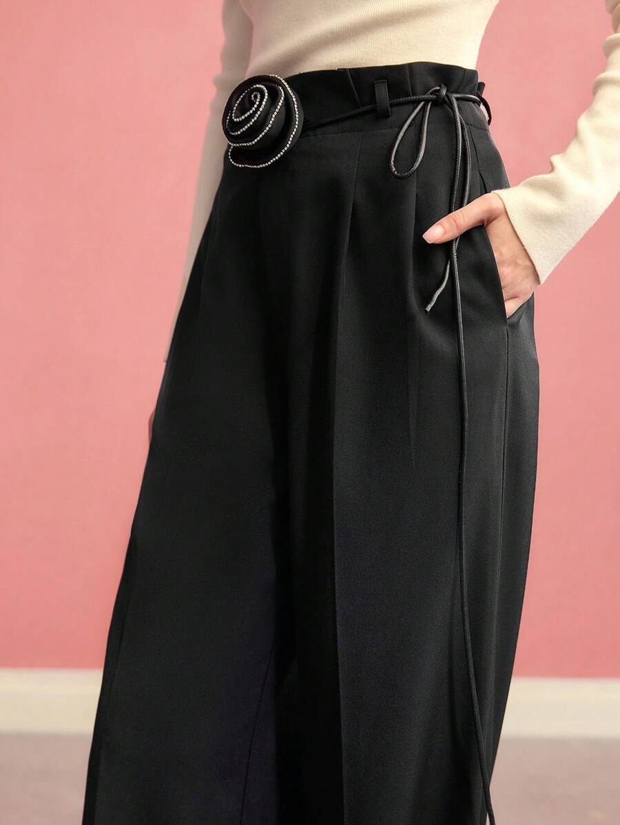 MOTF PREMIUM RHINESTONE CHAIN STEREO FLORAL WIDE LEG SUIT PANTS,VALENTINE'S DAY - Black - View 2