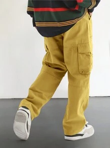 Men Solid Flap Pocket Side Cargo Pants - Yellow - View 2