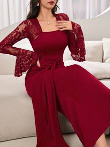 Modelyn Women's Elegant Solid Color Lace Patchwork Flare Sleeve Dress - Red - View 6