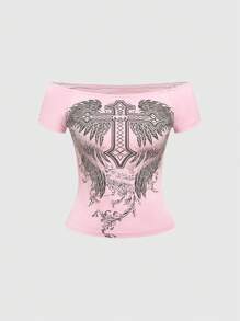 ROMWE Grunge Punk Camiseta de mujer con estampado de cruz y alas en los hombros descubiertos - Rosa - Ver 1