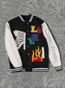 Manfinity EMRG Skull & Letter Print College Style Bomber Jacket, Suitable For Casual Outings - Multicolor - View 4