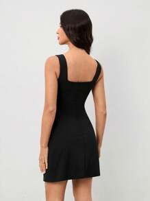 SHEIN Tall Vestido de tirantes de mujer con cuello cuadrado, dobladillo con abertura lateral y minifalda, de unicolor - Negro - Ver 2