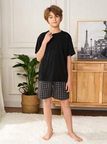 SHEIN Tween Boy 4pcs Set Minimalist Casual Round Neck Short Sleeve T-Shirt & Plaid Shorts Pajamas, Loose & Comfortable - Black and White - View 8