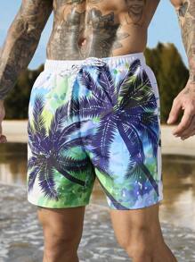 Surfspeed Pantaloni scurți de plajă casual pentru bărbați, cu imprimeu cu plante, cu șnur, în stil de vacanță relaxat