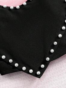 SHEIN Tween Girls' Fitted Heart-Shaped Pearl Decor Camisole Top - Black - View 4