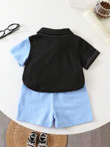 2pcs/Set Infant/Baby Boy Casual Colorblock Cartoon Print Polo Top & Shorts Set, Spring/Summer - Multicolor - View 2