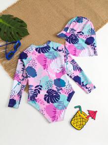 SHEIN Traje de baño de una pieza para niña con estampado aleatorio y gorro de natación