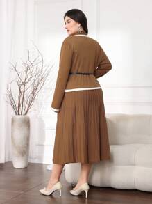 Modelyn Bộ vest 2 món thanh lịch cho nữ mùa thu/đông cỡ lớn, áo khoác cardigan dài tay màu tương phản và váy maxi không tay - Lạc đà - Xem 2