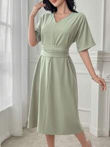 DAZY Solid Color V-Neck Shoulder Tie Waist Mid-Calf Dress For Women Elegant Sundress Easter - Green - View 3