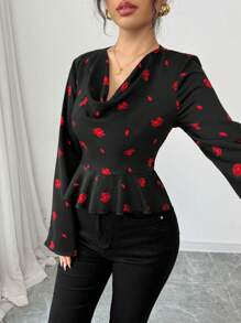 Elenzga Flounce Neck Rose Flower Romantic Blouse For Valentine's Day