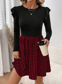 SHEIN LUNE Vestido campana con volantes y estampado de cuadros vintage, cuello redondo, manga corta. Uso casual/laboral para mujer, apto para otoño/invierno.