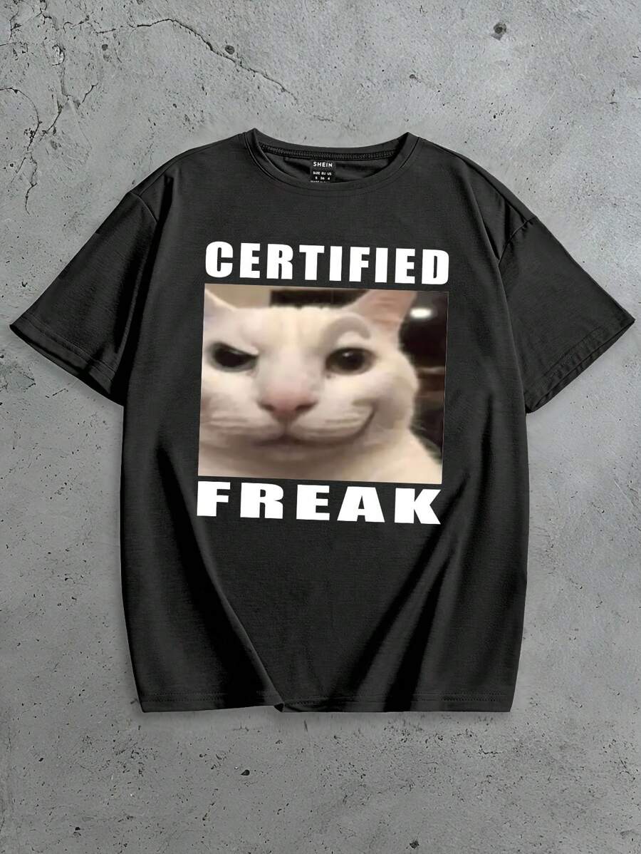 Glimmora Summer Women's Fitted T-Shirt With Smiling Cat & English Slogan Print, Casual Tee Graphic Tees Women Tops - Black - View 1