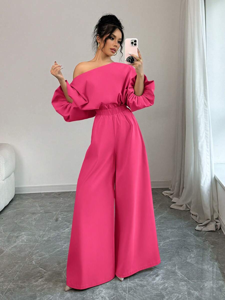 Firerie 2pcs/Set Women's Solid Color Asymmetric Neck Lantern Sleeve Top And Wide Leg Pants - Hot Pink - View 1