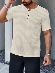Manfinity Homme Men's Solid Color Front Button Short Sleeve Casual T-Shirt, Everyday Wear - Khaki - View 4