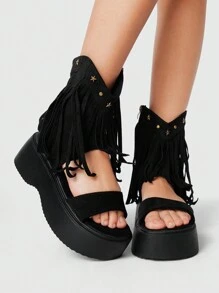 ROMWE Fairycore Women's Retro Rock Punk Goth High Top Zipper Fringe Sandals, Roman Beach Wedge Thick Bottom Sandals Spring Shoes Spring Break Easter - Black - View 2