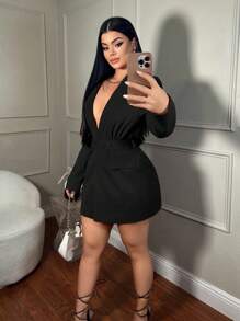 SHEIN SXY 冬季橙色口袋腰带女士西装外套 - 黑色 - 查看 3