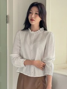 DAZY 女式优雅立领泡泡袖白色衬衫长袖上衣 - 白色 - 查看 2