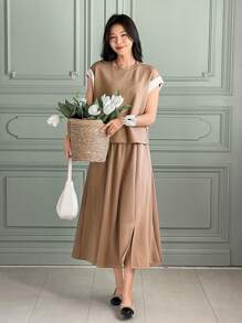 DAZY 2pcs Set Women Color Block Casual Pullover Top And Long Skirt Lounge Sets For Women - Green - View 5
