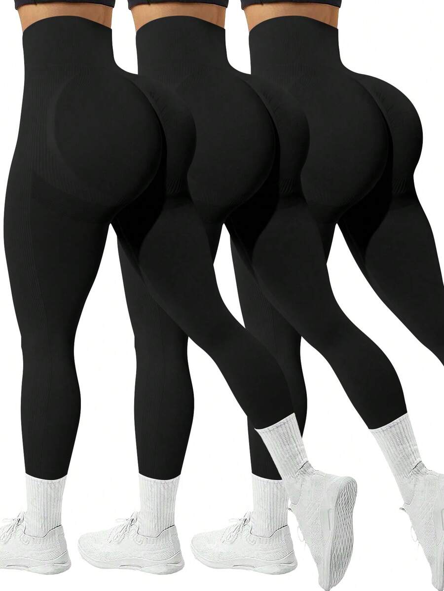 Gameset SHEIN Sport 3条装纯色高腰无缝弹力运动紧身裤女款瑜伽裤