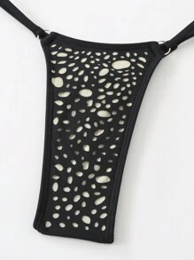 Swim SXY Summer New Women Sexy Black Hollow Out Micro Triangle Halter Neck Thong Bikini Set - Black - View 4