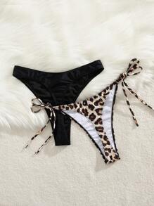 SHEIN Swim 2 piezas de traje de baño para vacaciones de primavera y verano: shorts de estampado de leopardo con lazos a los lados y Bottom de bikini tipo tanga de color liso