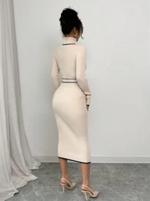 Selianne Váy len dệt kim cổ lọ bó sát thanh lịch dành cho nữ có chi tiết nơ - Màu be - Xem 2