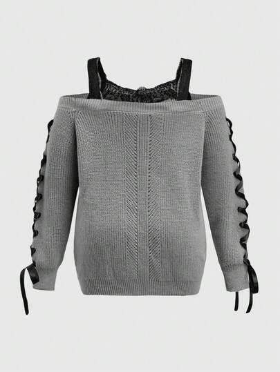 Suéter de talla grande con escote en V, encaje de contraste y hombros descubiertos en estilo vintage