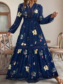 Vestido largo informal de manga larga con parches de encaje para tallas grandes - Azul Marino - Ver 3